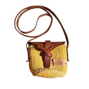 Handmade African Woven Sisal + Leather Mini Yellow Crossbody Basket Kiondo Bag